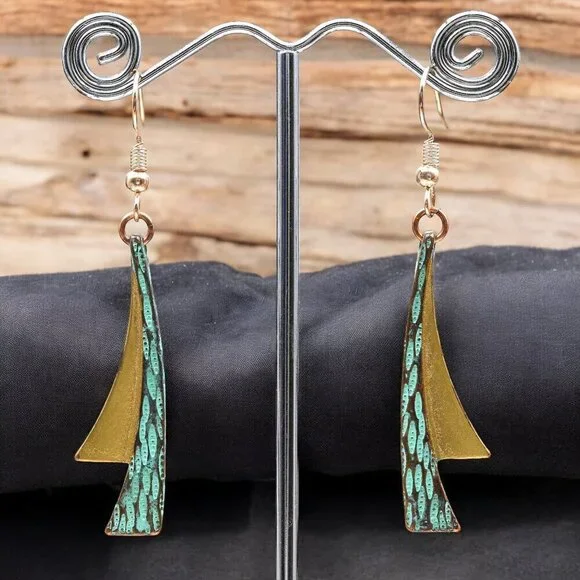 Patina Drop Earrings Gold Green Boho Vintage | Boutique - Picture 4 of 4